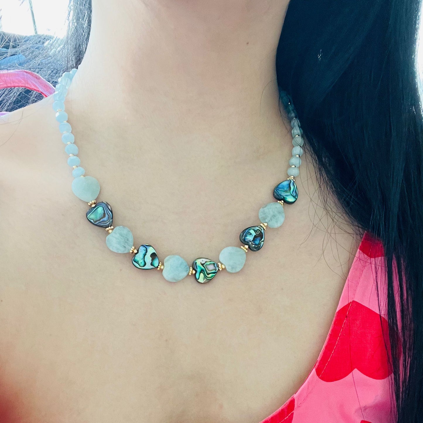 Aquamarine & Abalone Mother Of Pearl Necklace