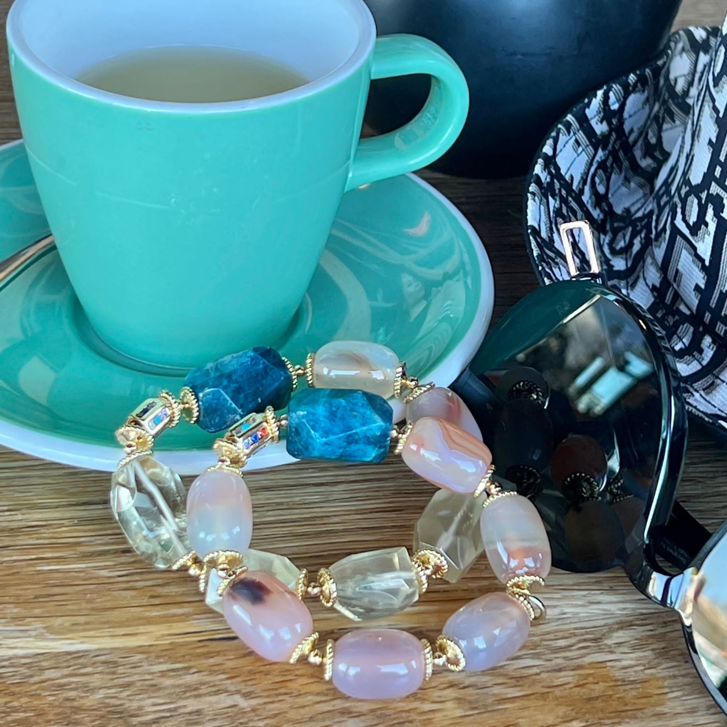 Raw Blue Apatite, Lemon Quartz & Watercolor Carnelian Bracelet
