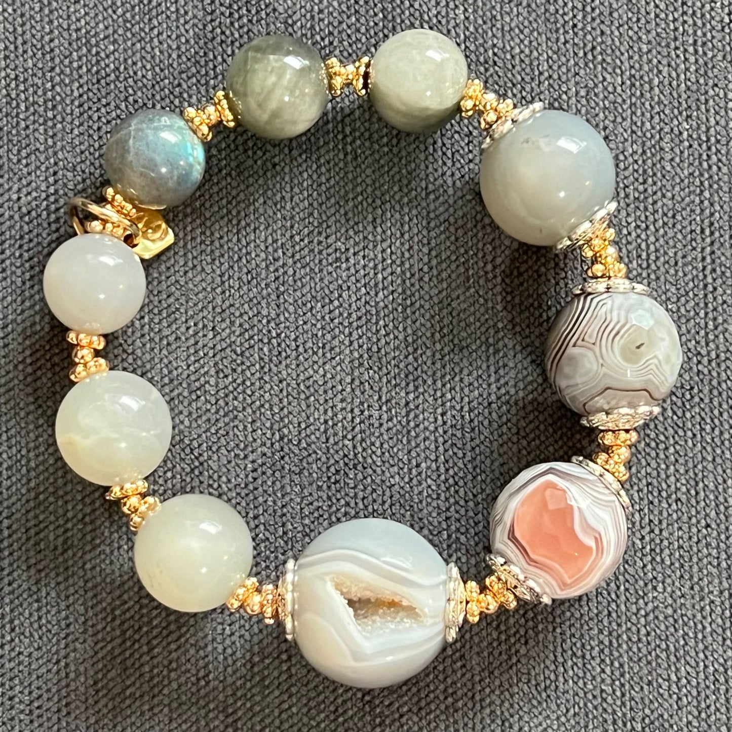Laughing Agate, Botswana Agate, Etoupe Moonstone, Grey Hawkeye & Labradorite Bracelet