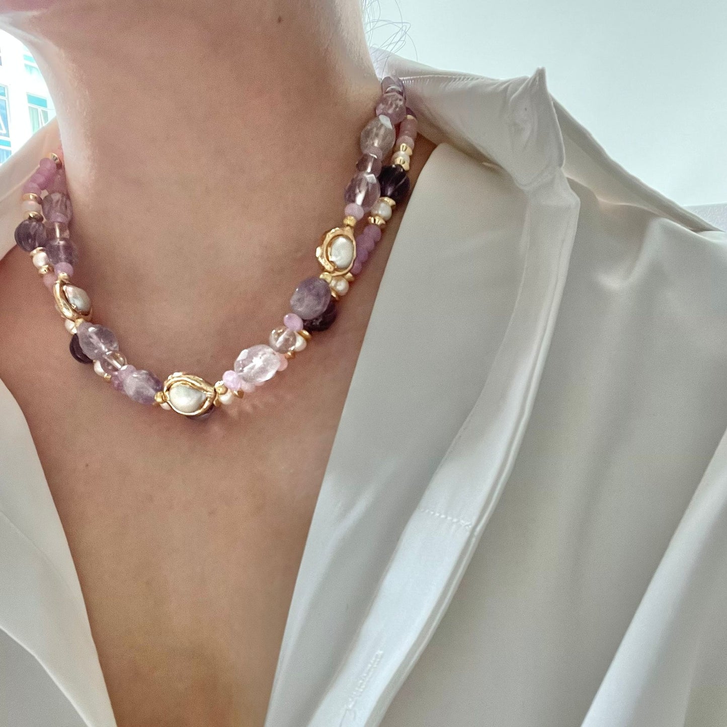 Amethyst, Baroque Pearl & Rose Quartz Necklace