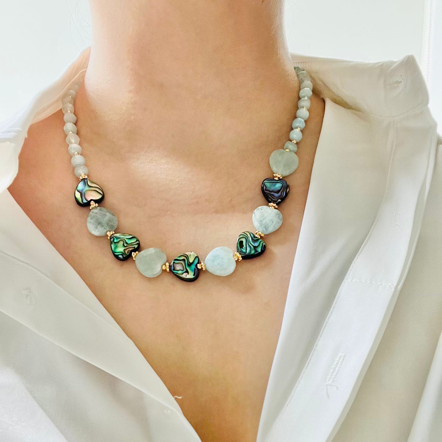 Aquamarine & Abalone Mother Of Pearl Necklace