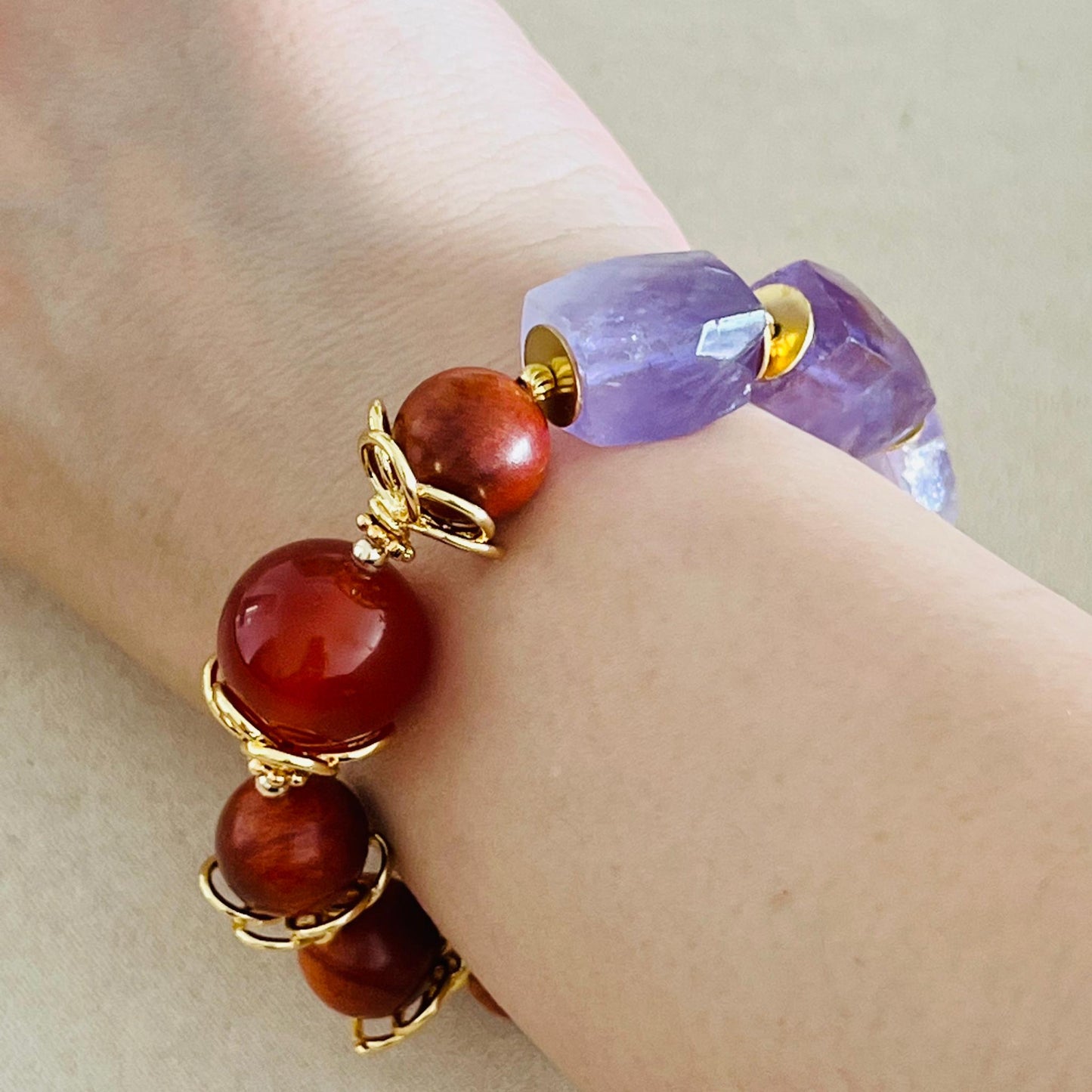 Red Agate, King Of Wood & Amethyst Bracelet