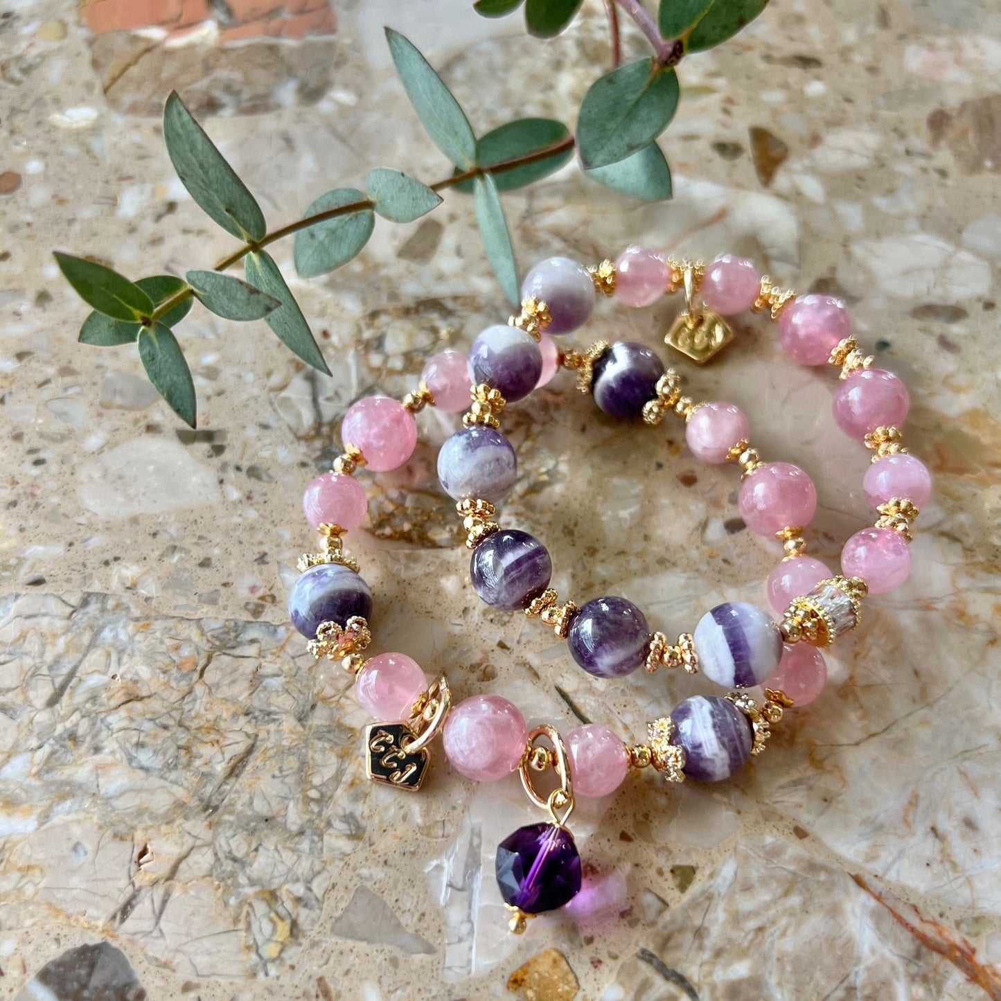 Madagascar Rose Quartz & Chevron Amethyst Moon Bracelet