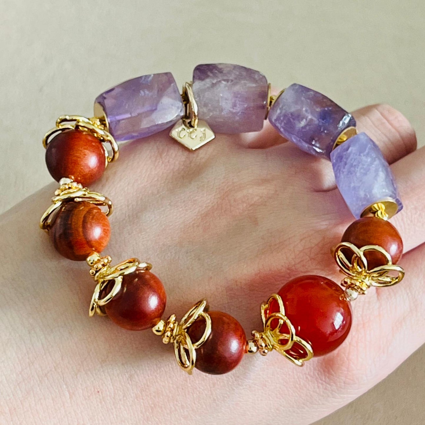 Red Agate, King Of Wood & Amethyst Bracelet