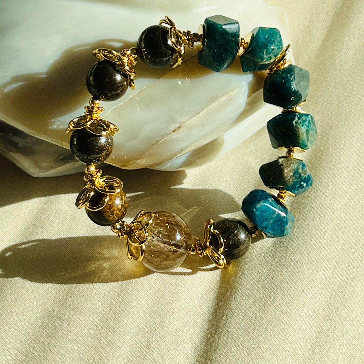 Bronze Rutilated Quartz, Bronzite & Blue Apatite Bracelet