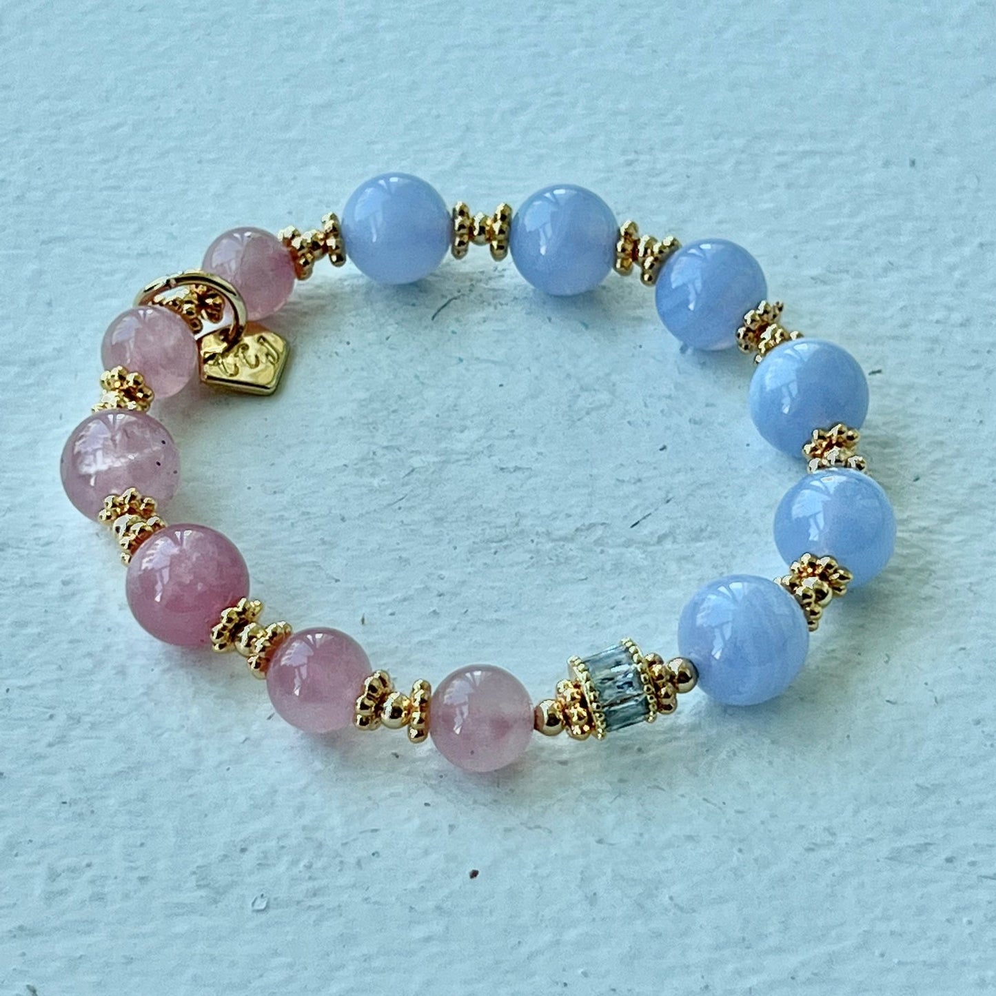 Madagascar Rose Quartz & Blue Lace Agate Moon Bracelet