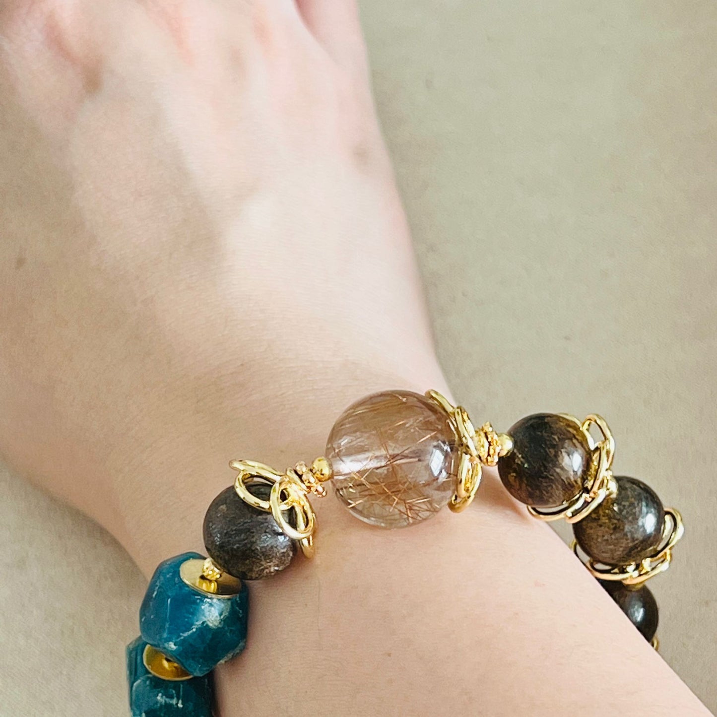 Bronze Rutilated Quartz, Bronzite & Blue Apatite Bracelet