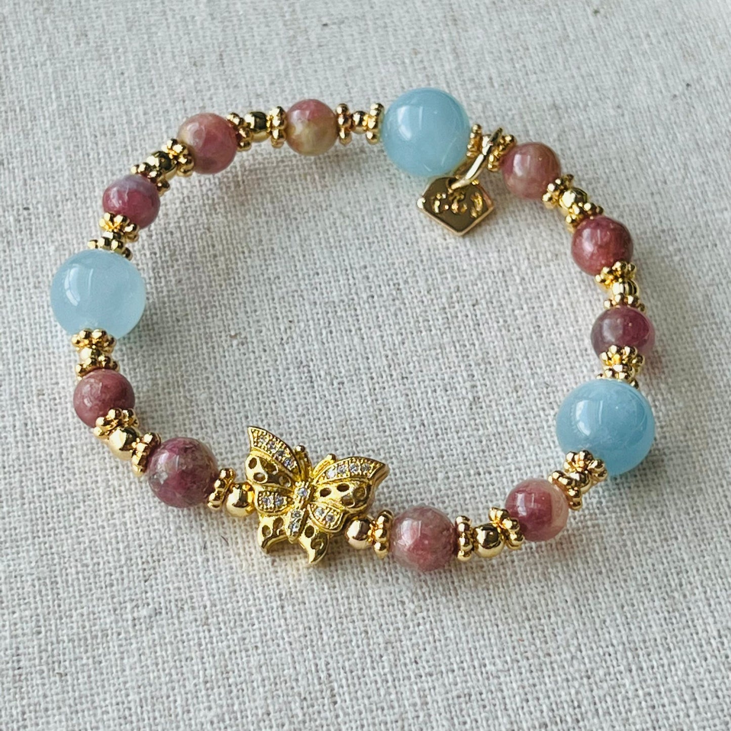 Aquamarine & Pink Tourmaline In Quartz Bracelet