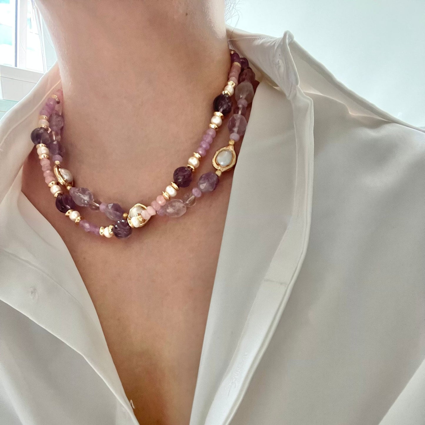 Amethyst, Baroque Pearl & Rose Quartz Necklace