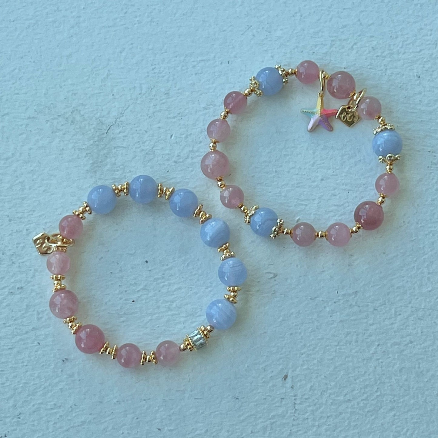 Madagascar Rose Quartz & Blue Lace Agate Moon Bracelet