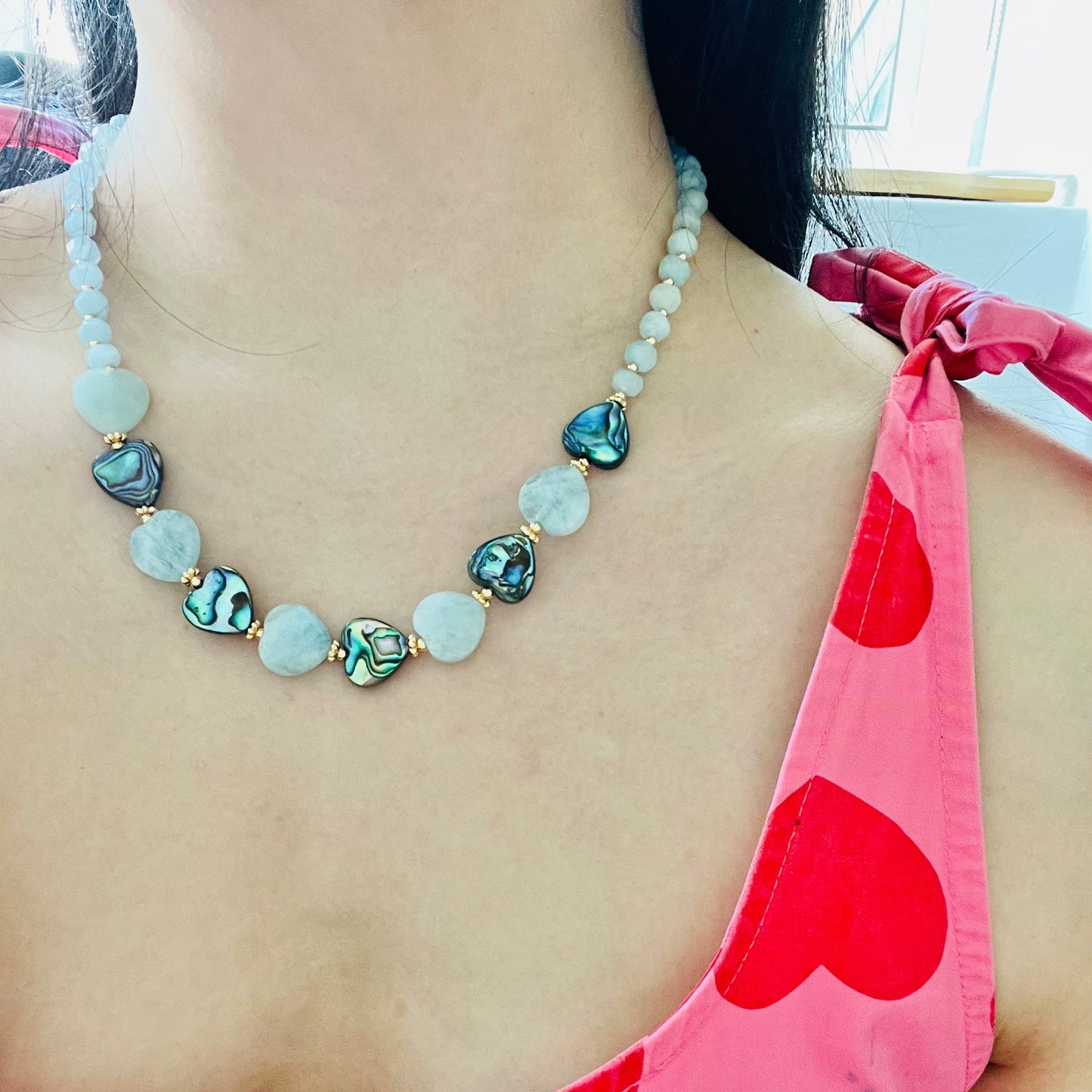 Aquamarine & Abalone Mother Of Pearl Necklace