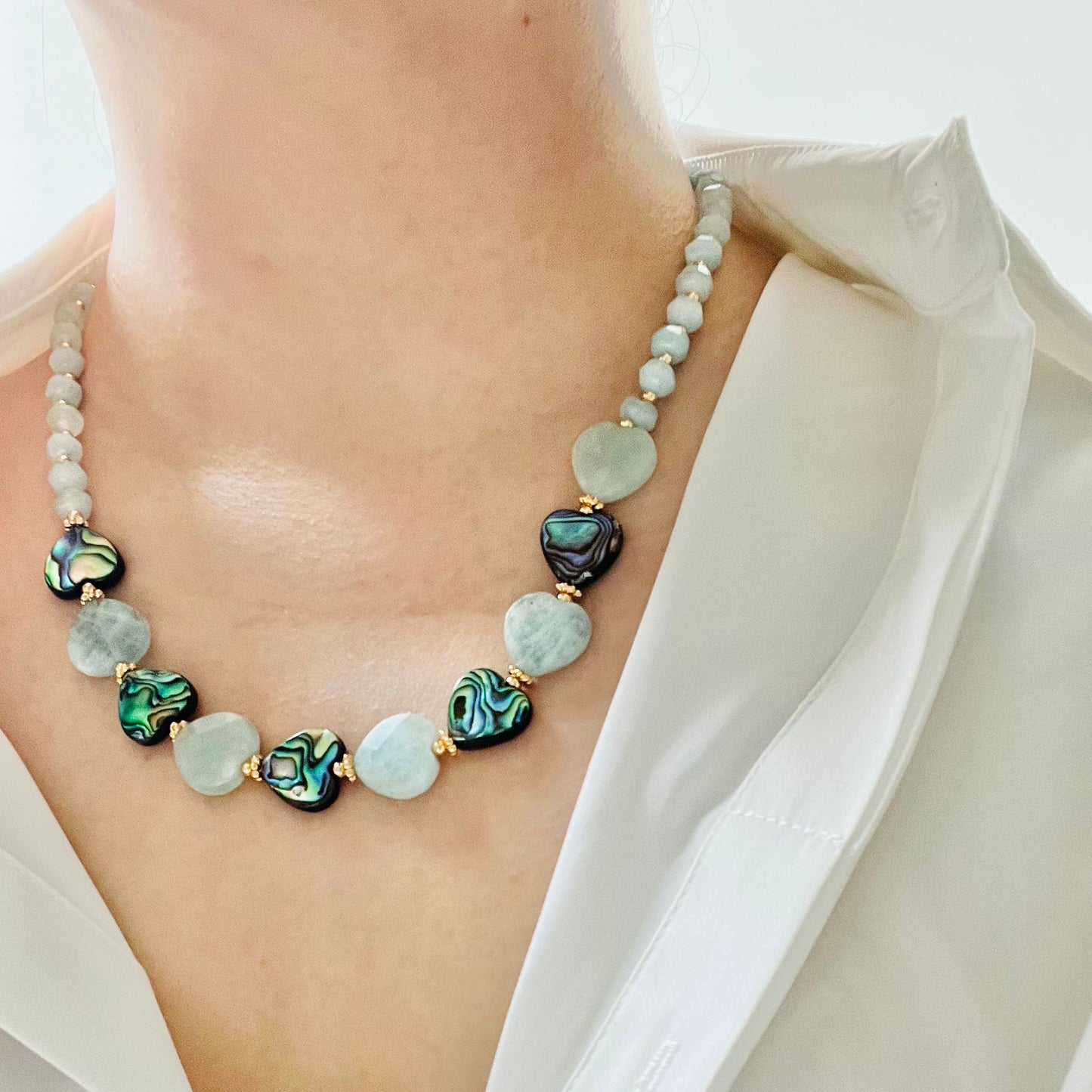 Aquamarine & Abalone Mother Of Pearl Necklace