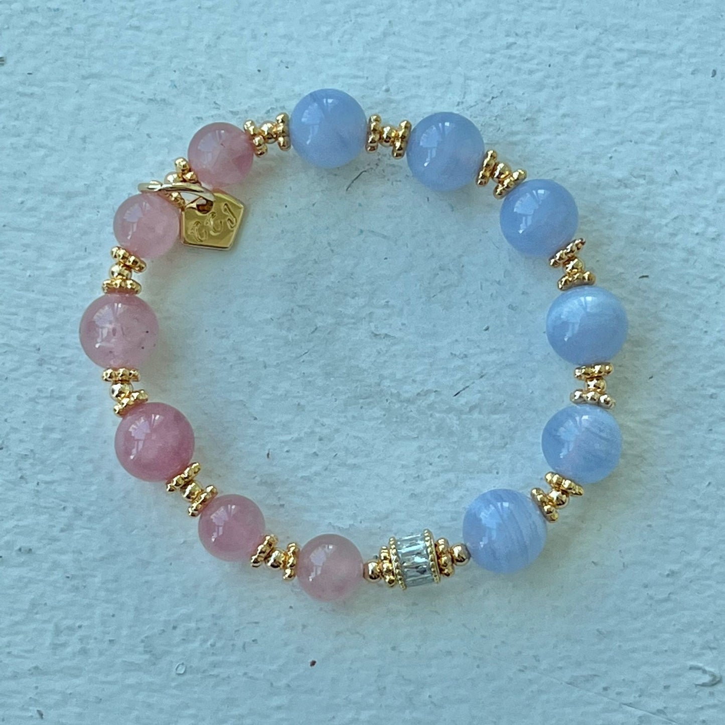 Madagascar Rose Quartz & Blue Lace Agate Moon Bracelet