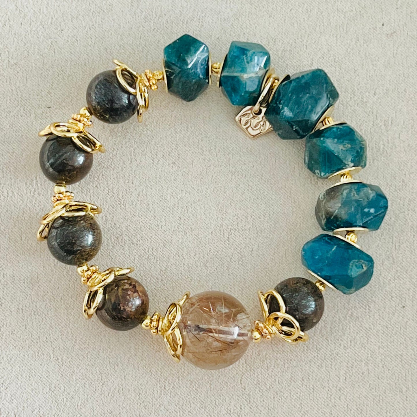 Bronze Rutilated Quartz, Bronzite & Blue Apatite Bracelet