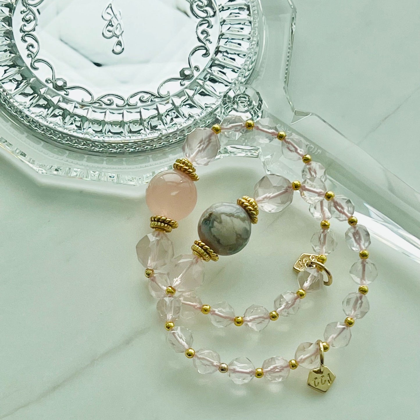 Sparkly Sakura Agate & Rose Quartz Bracelet