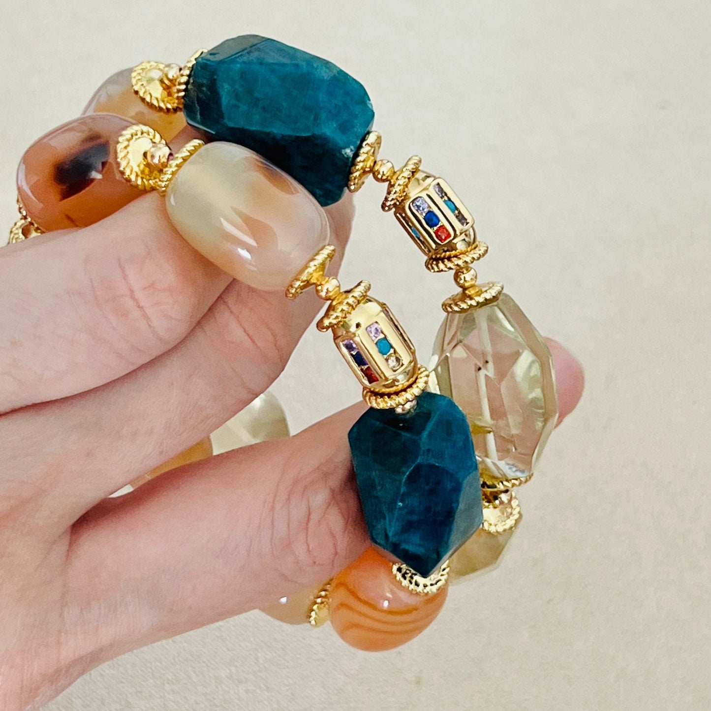 Raw Blue Apatite, Lemon Quartz & Watercolor Carnelian Bracelet