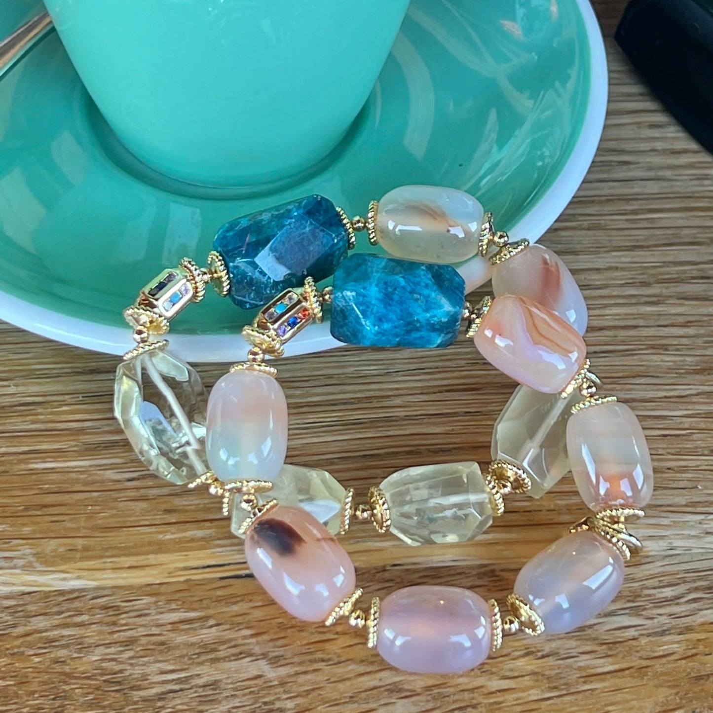 Raw Blue Apatite, Lemon Quartz & Watercolor Carnelian Bracelet