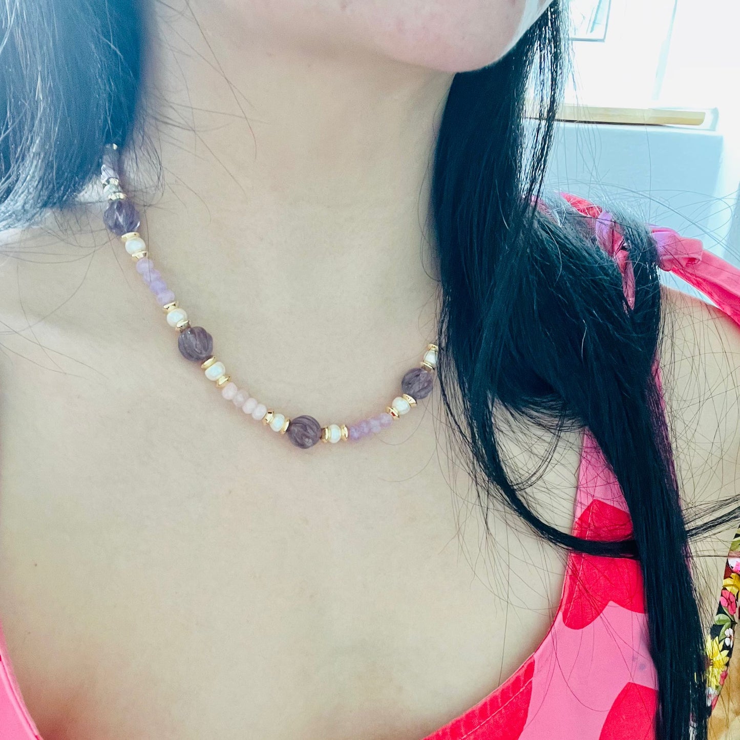 Amethyst, Baroque Pearl & Rose Quartz Necklace