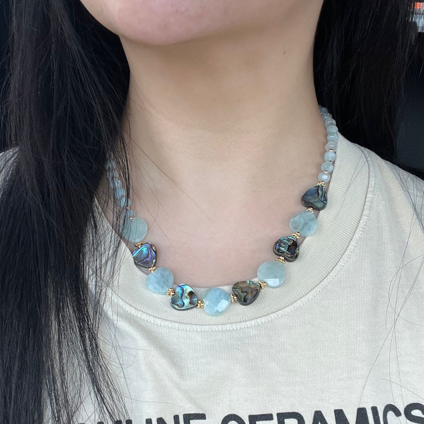 Aquamarine & Abalone Mother Of Pearl Necklace