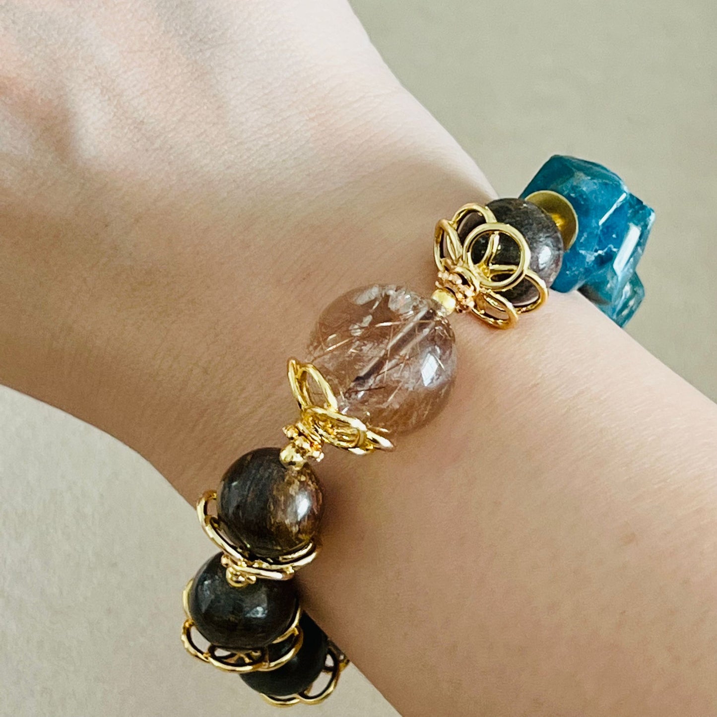 Bronze Rutilated Quartz, Bronzite & Blue Apatite Bracelet