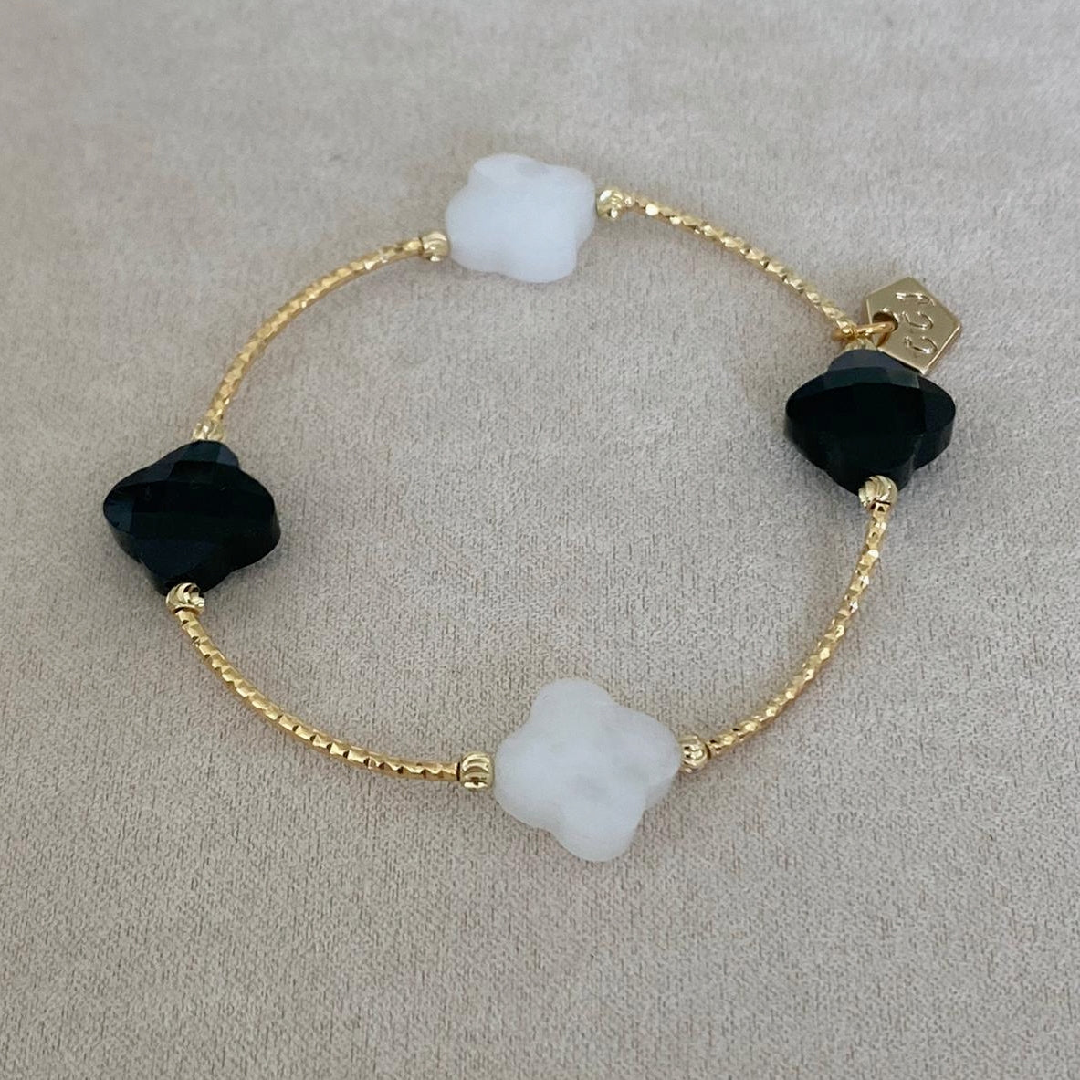 Black Onyx & Han White Jade Clover La Grace Bracelet