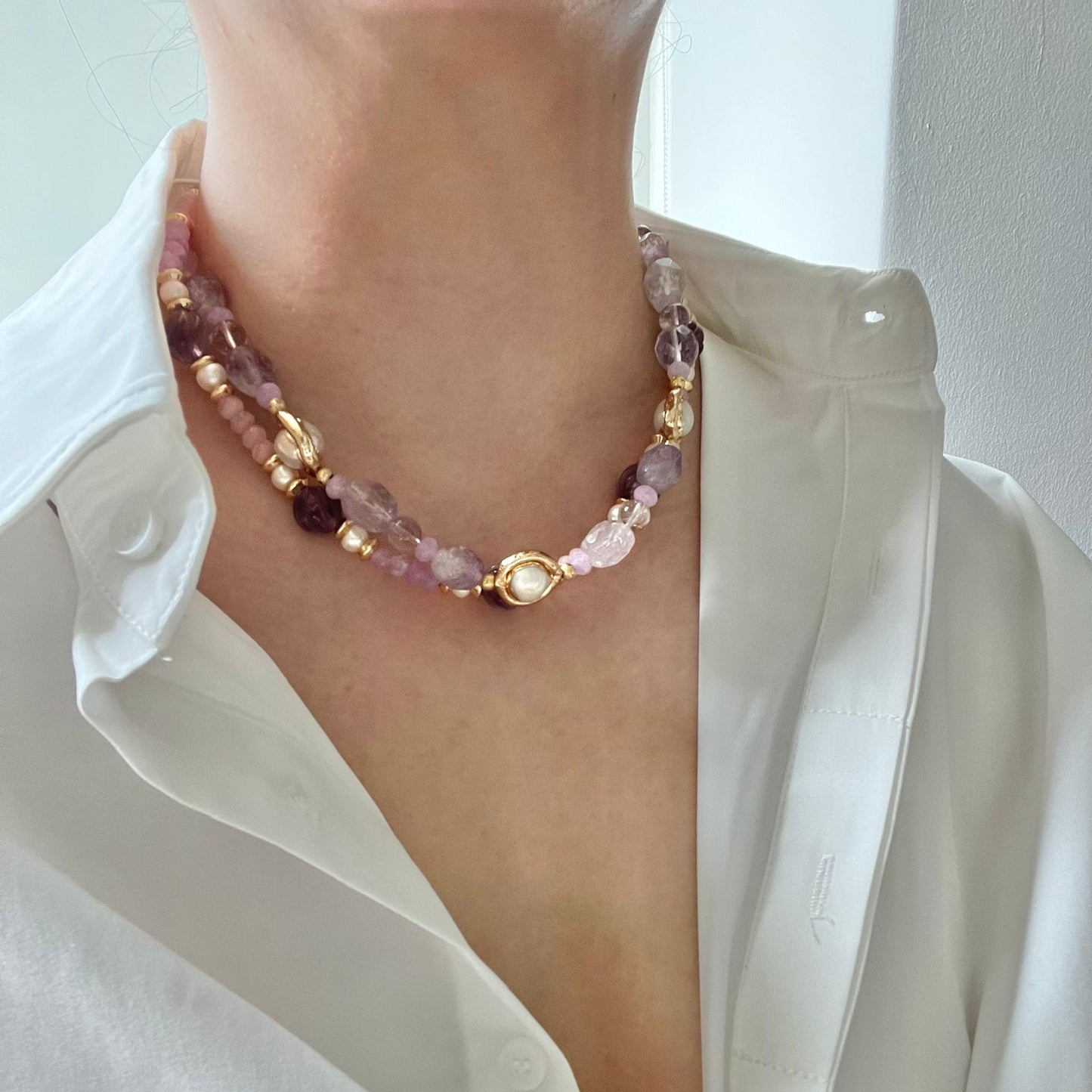 Amethyst, Baroque Pearl & Rose Quartz Necklace