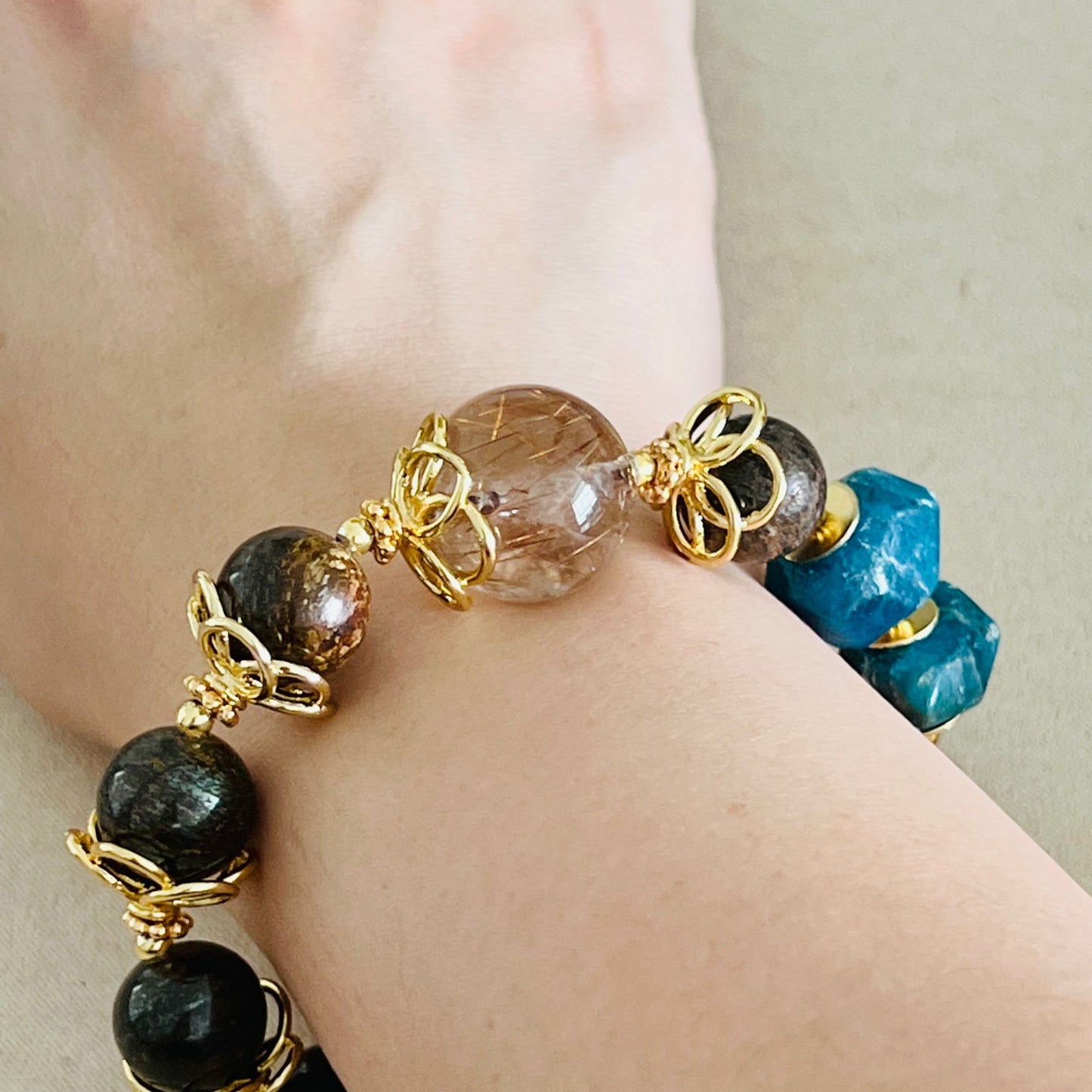 Bronze Rutilated Quartz, Bronzite & Blue Apatite Bracelet