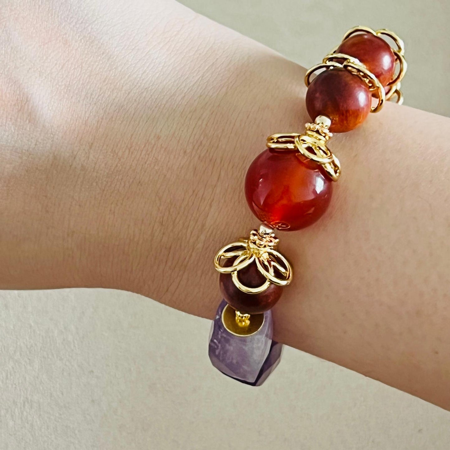 Red Agate, King Of Wood & Amethyst Bracelet