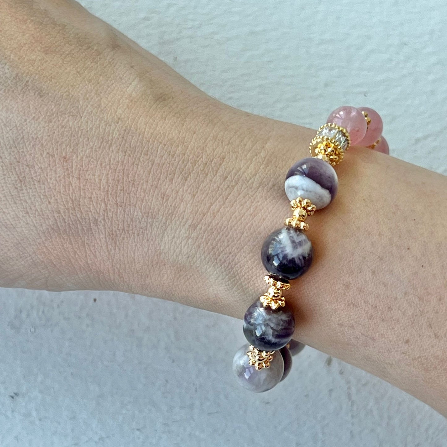 Madagascar Rose Quartz & Chevron Amethyst Moon Bracelet