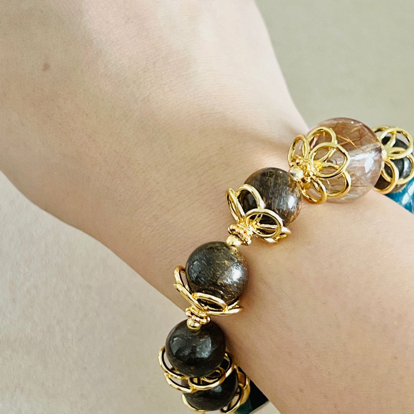 Bronze Rutilated Quartz, Bronzite & Blue Apatite Bracelet