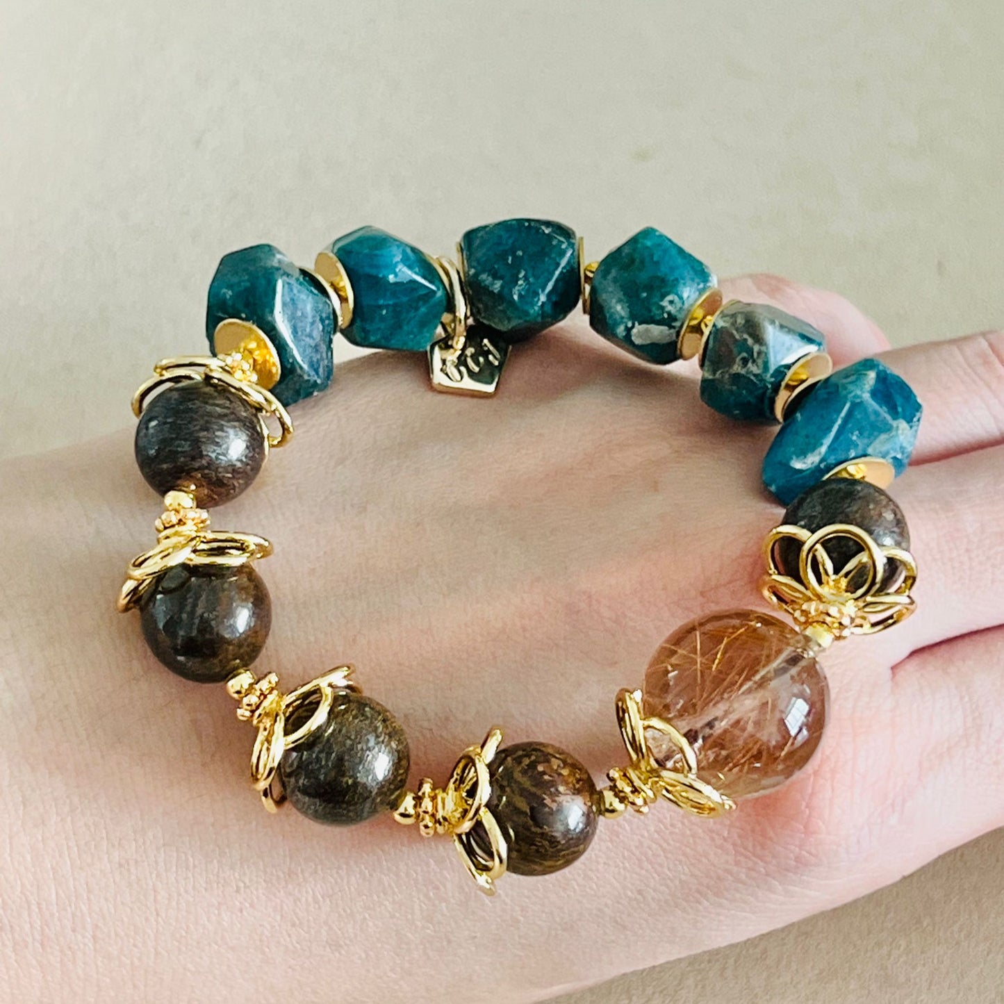 Bronze Rutilated Quartz, Bronzite & Blue Apatite Bracelet