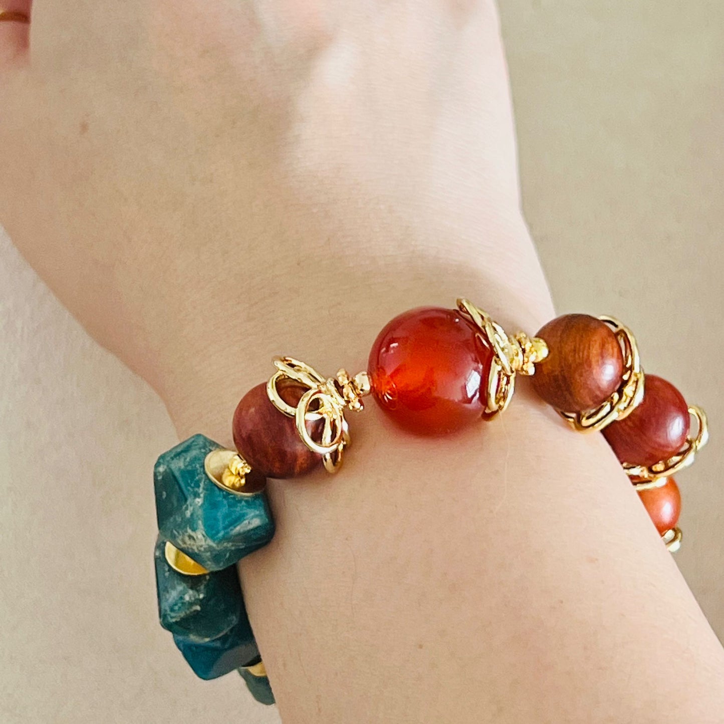 Red Agate, King Of Wood & Blue Apatite Bracelet