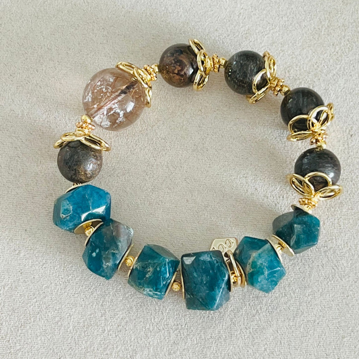 Bronze Rutilated Quartz, Bronzite & Blue Apatite Bracelet
