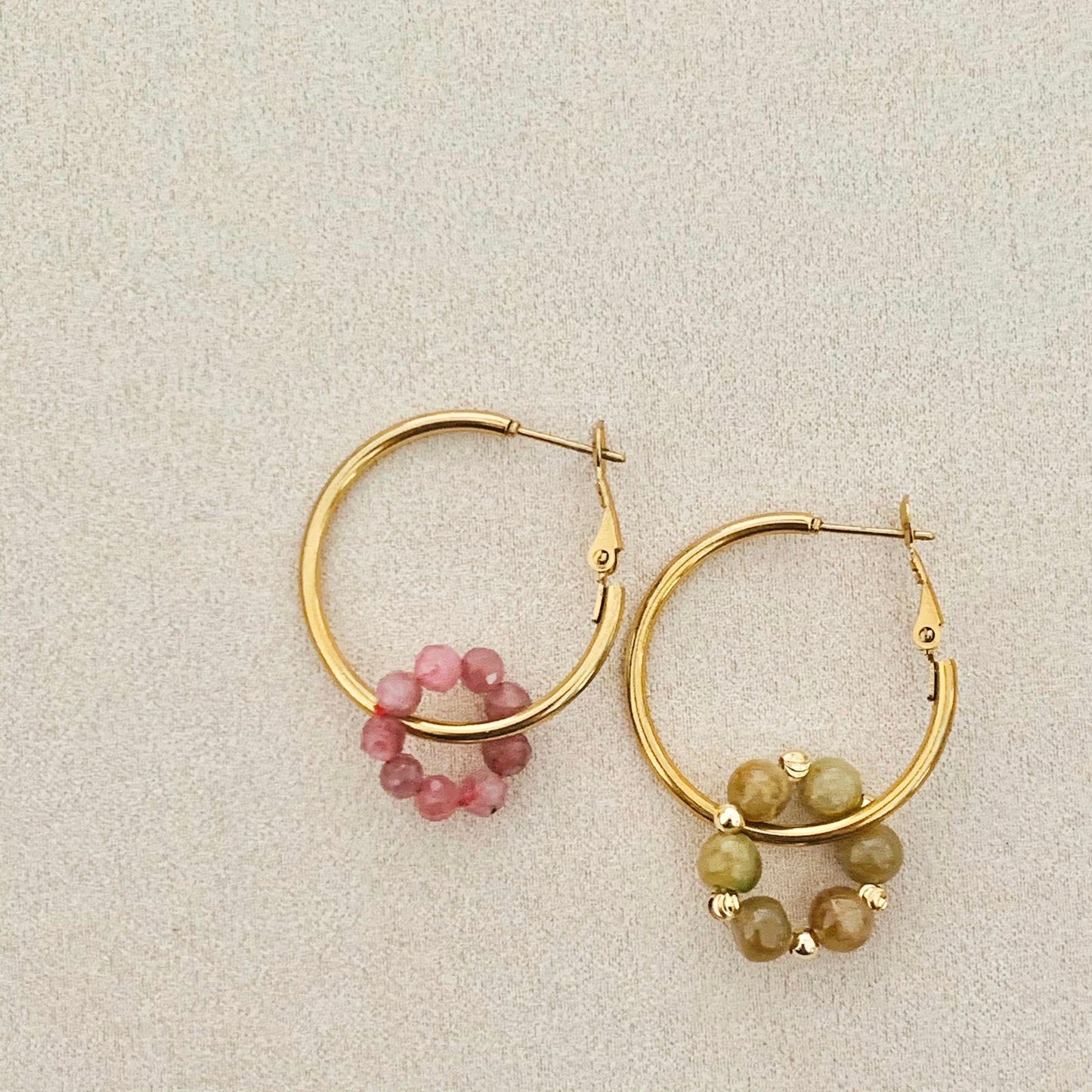 Pink Tourmaline & Yellow Brown Jade Sucre Donut Earrings