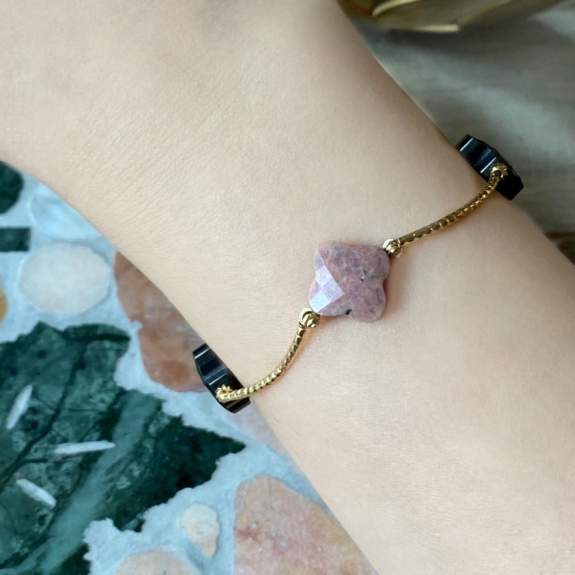 Rhodonite & Black Onyx Clover La Grace Bracelet