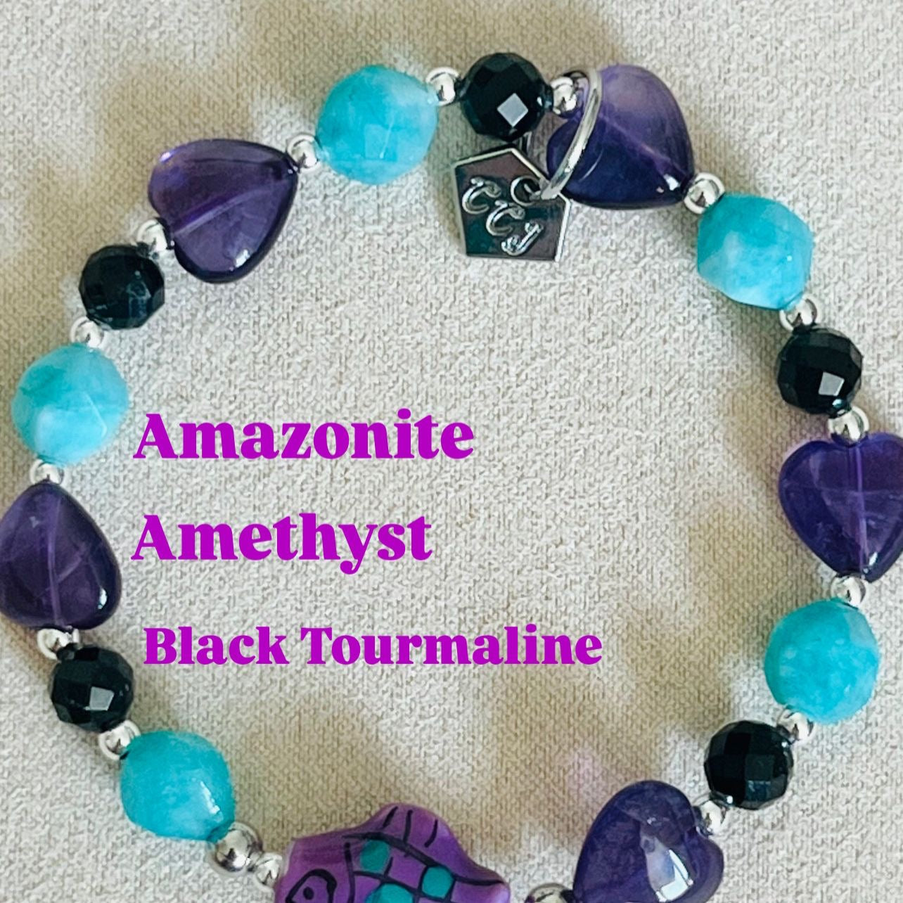 Amazonite, Amethyst & Black Tourmaline Grape Koi Bracelet