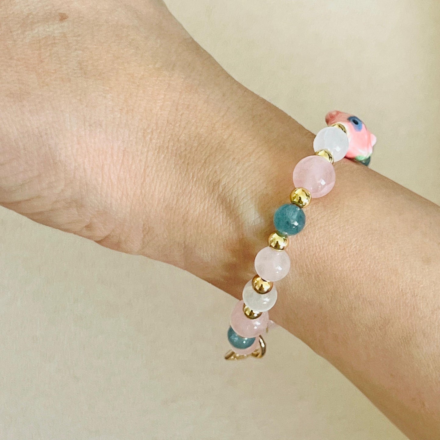 Aquamarine, Rose Quartz & Selenite Rose Koi Bracelet