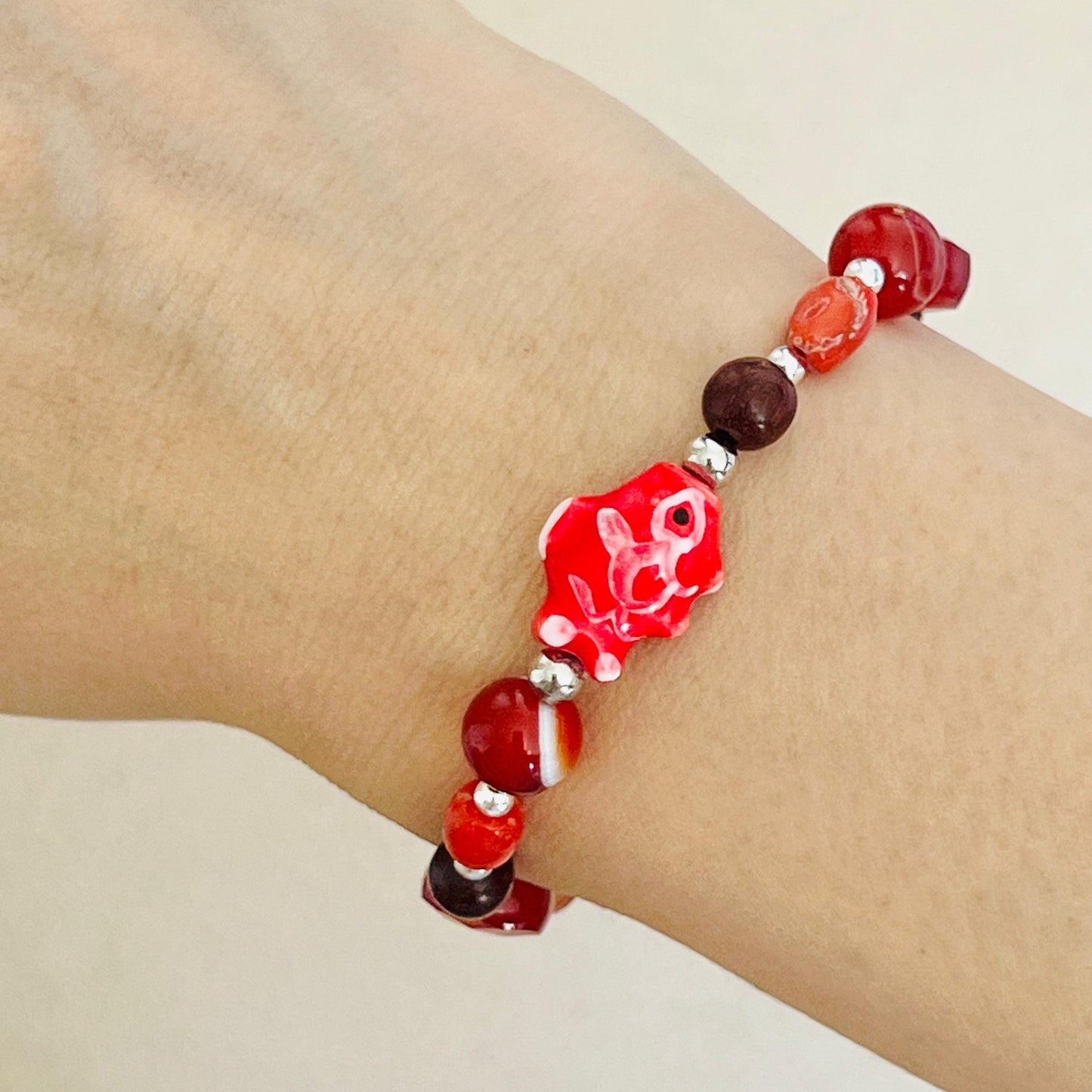 Carnelian, Coral, Red Agate & Sandalwood Angbao Koi Bracelet