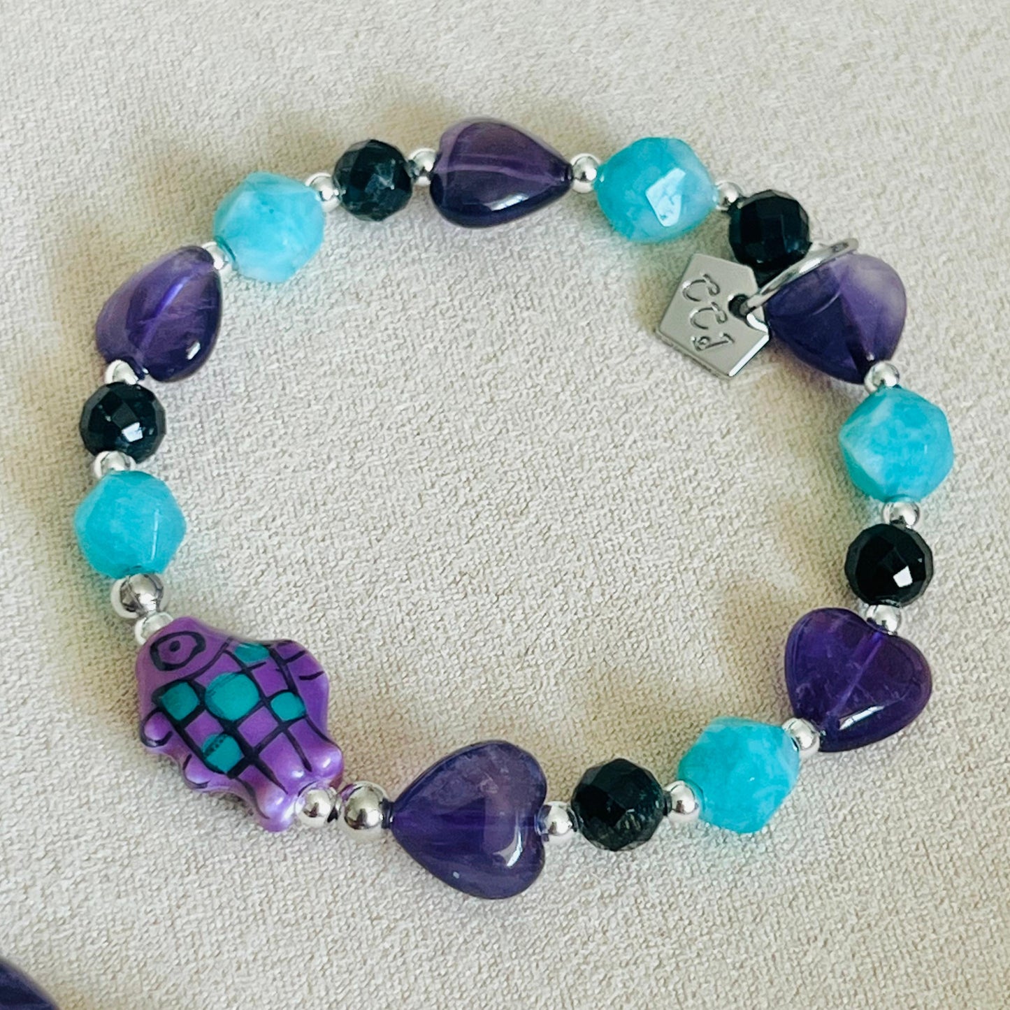 Amazonite, Amethyst & Black Tourmaline Grape Koi Bracelet