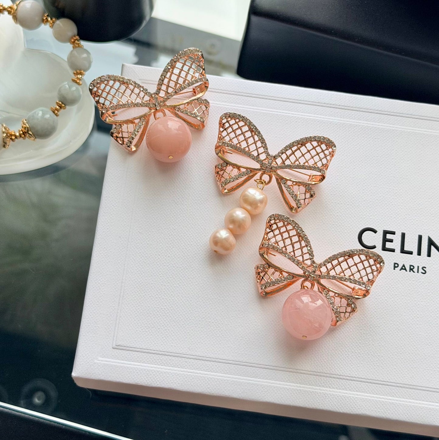 Madagascar Rose Quartz Ribbon Brooch