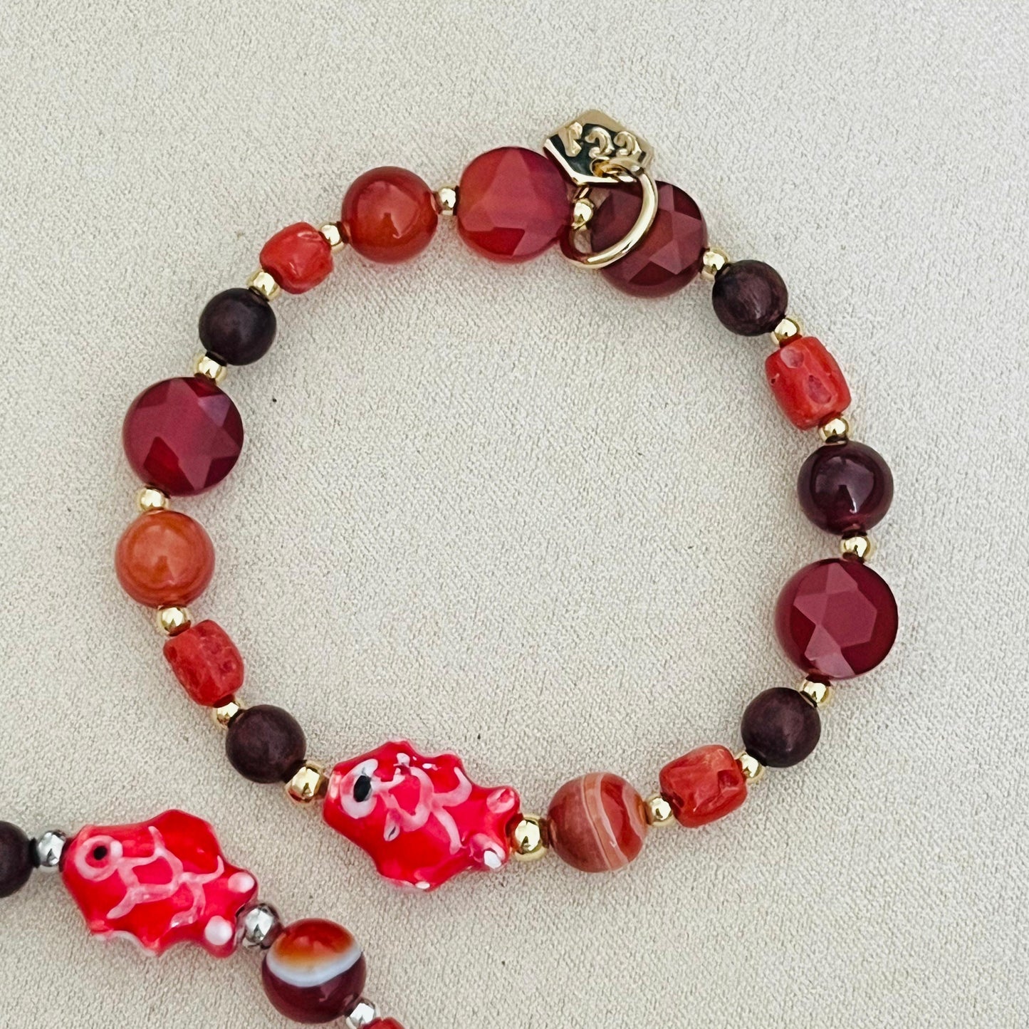 Carnelian, Coral, Red Agate & Sandalwood Angbao Koi Bracelet