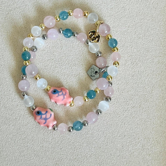 Aquamarine, Rose Quartz & Selenite Rose Koi Bracelet