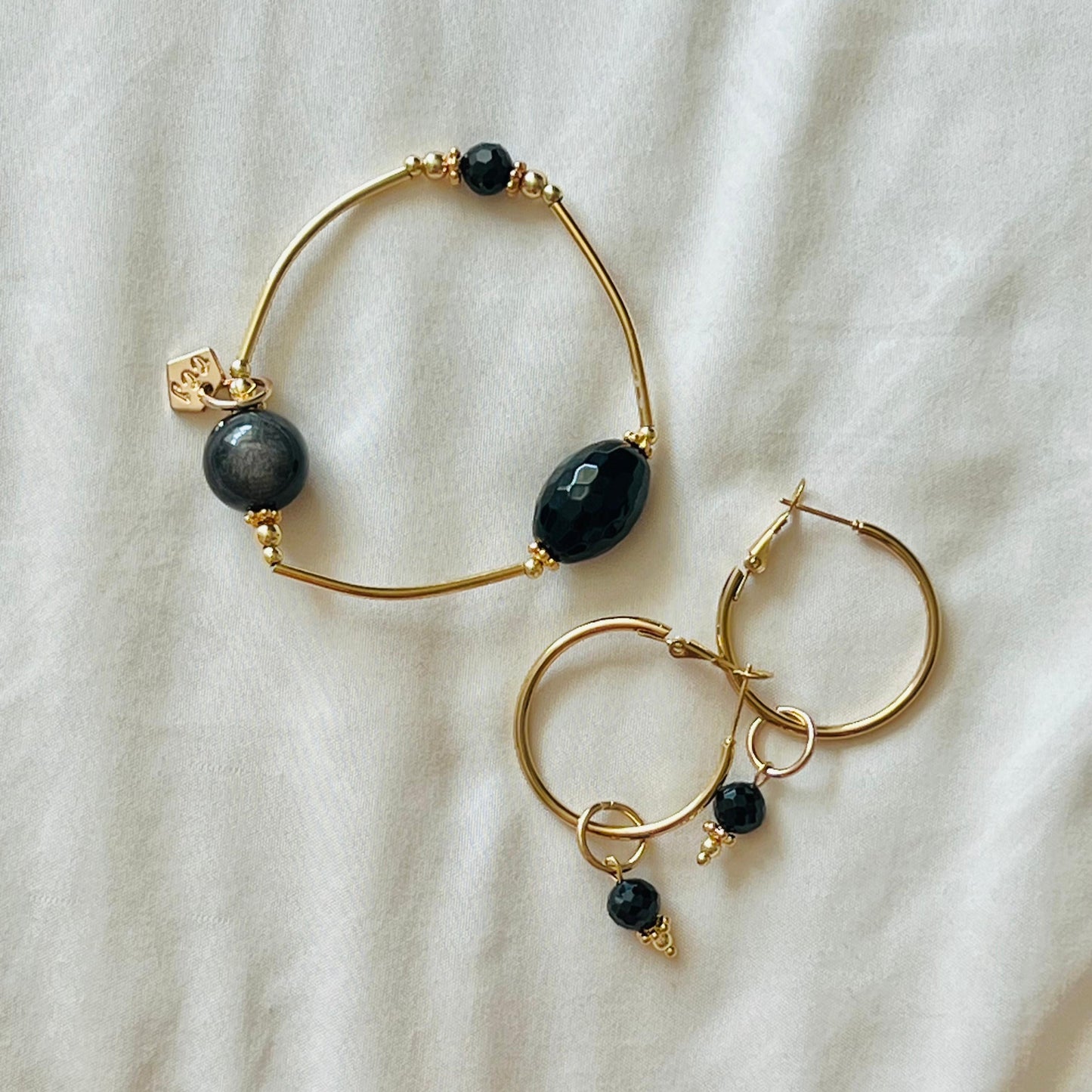 Black Spinel Hoop Earrings