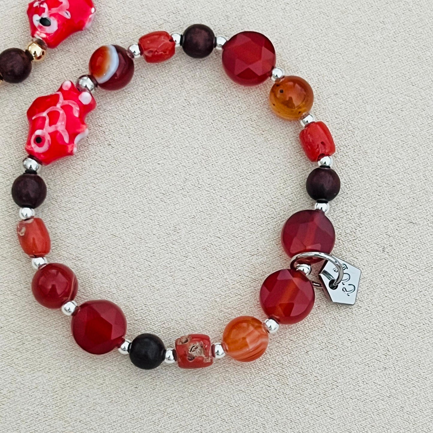 Carnelian, Coral, Red Agate & Sandalwood Angbao Koi Bracelet