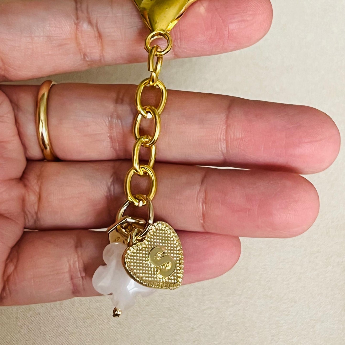Rose Quartz Flower & Heart Letter Bag Charm/ Key Ring