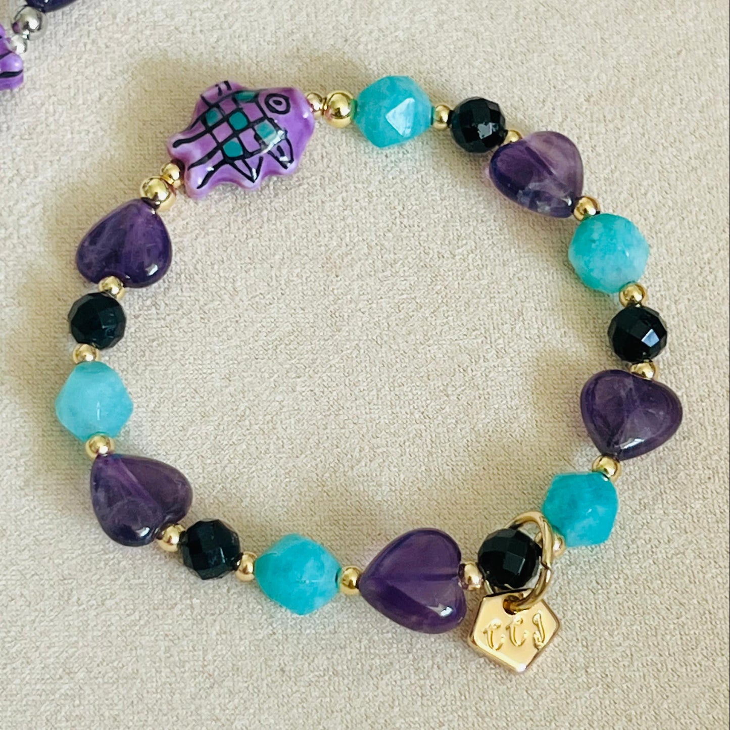 Amazonite, Amethyst & Black Tourmaline Grape Koi Bracelet