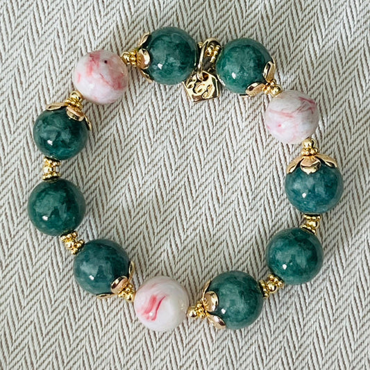 Green Pea Jade & Cinnabar In Quartz Bracelet