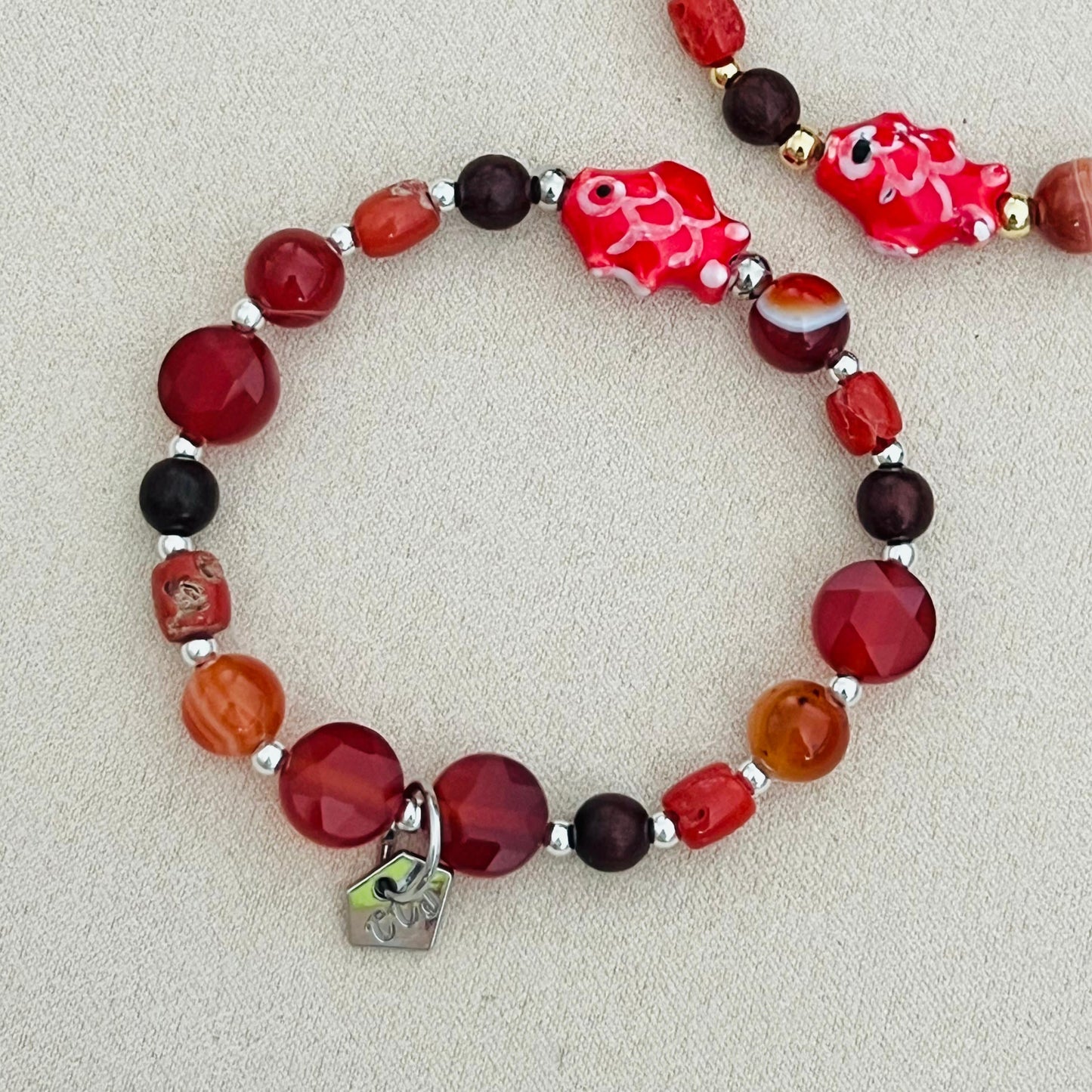 Carnelian, Coral, Red Agate & Sandalwood Angbao Koi Bracelet