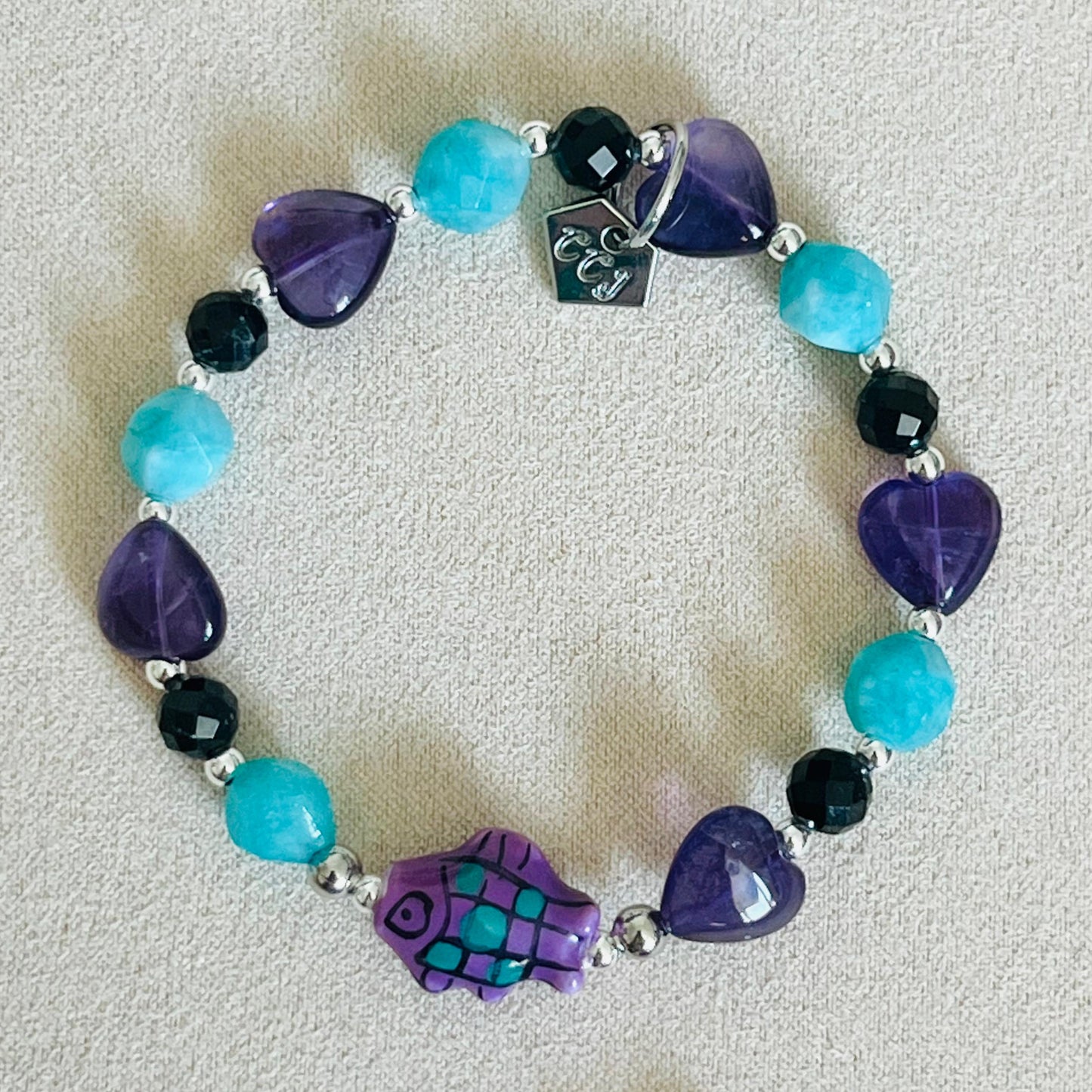 Amazonite, Amethyst & Black Tourmaline Grape Koi Bracelet