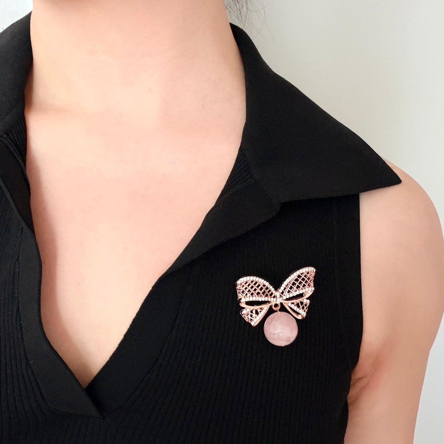 Madagascar Rose Quartz Ribbon Brooch